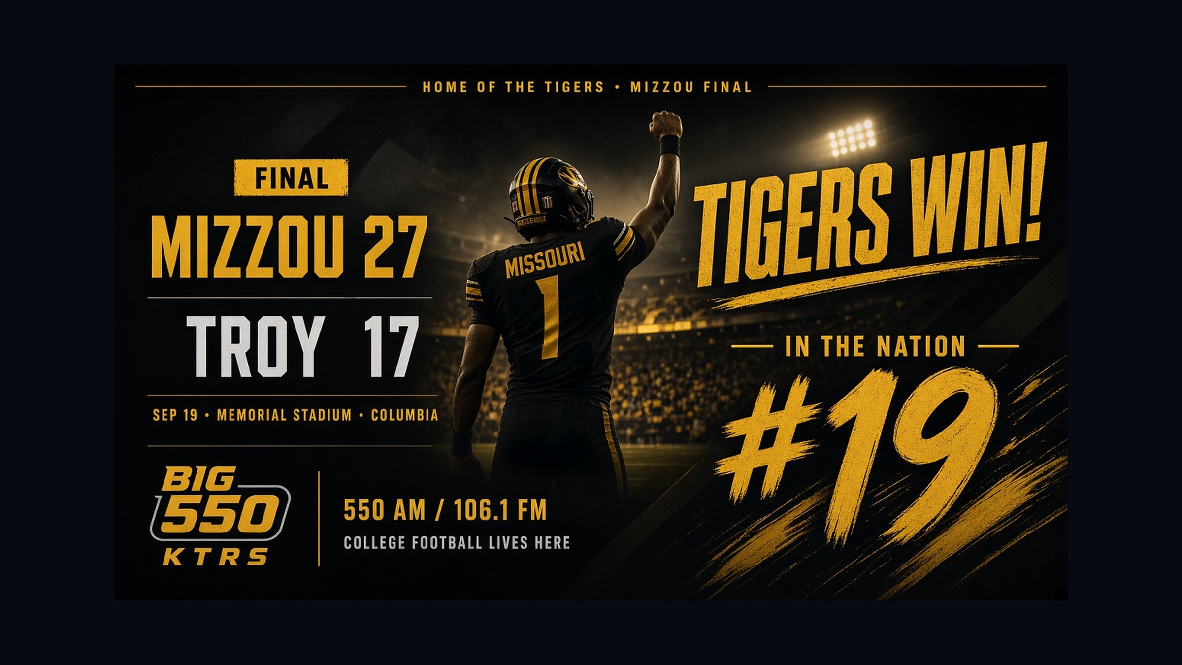 Mizzou defeats Troy 27 to 17 at Memorial Stadium